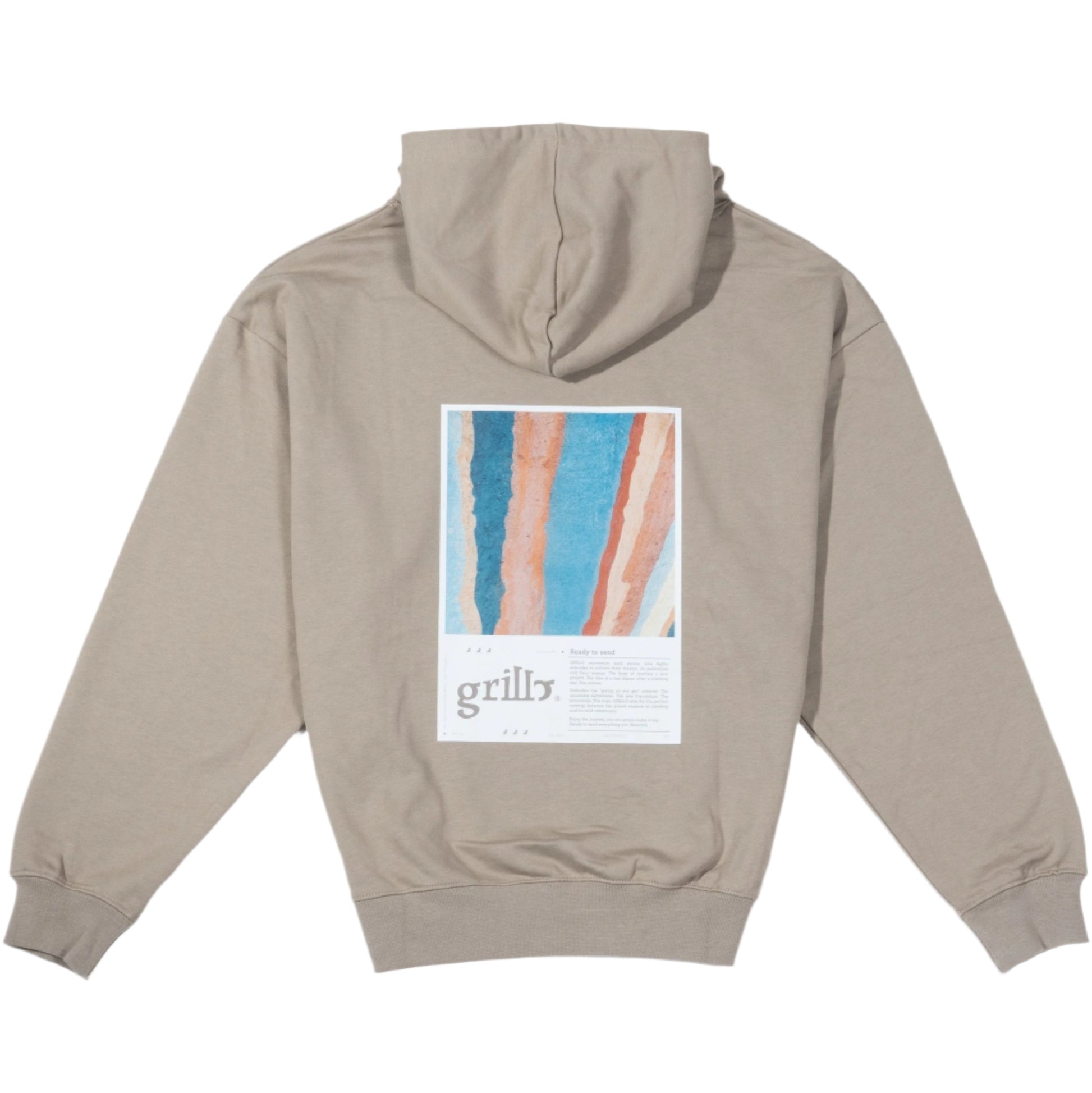 Parte trasera de la sudadera khaki con capucha, 100% algodón french terry. Diseño DTF de un famoso muro en el mundo de la escalada y texto descriptivo.