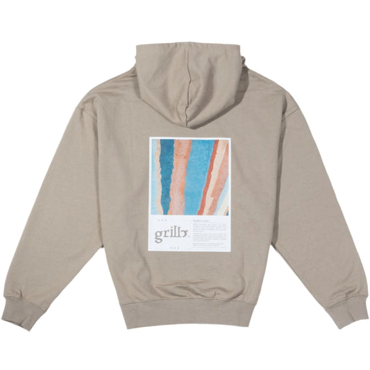 Parte trasera de la sudadera khaki con capucha, 100% algodón french terry. Diseño DTF de un famoso muro en el mundo de la escalada y texto descriptivo.