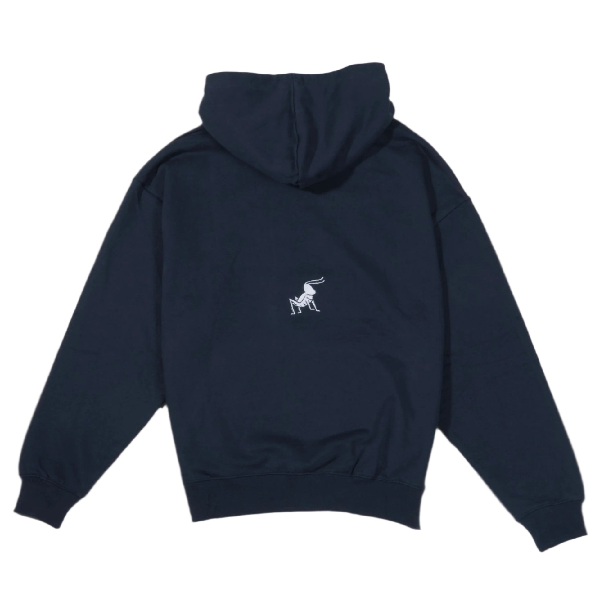 Parte trasera de la sudadera azul marino 100% algodón con capucha. Grillo bordado en blanco y situado en el centro de la sudadera. 