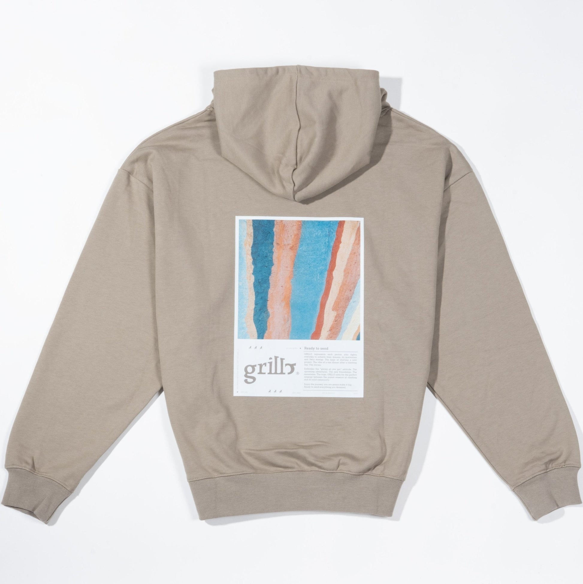 Parte trasera de la sudadera khaki con capucha, 100% algodón french terry. Diseño DTF de un famoso muro en el mundo de la escalada y texto descriptivo.